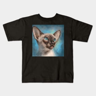 Close Up Painting of a Gorgeous Siamese Cat with Blue Eyes and Blue Background Kids T-Shirt